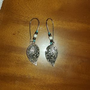Beaded drop Silver feather earrings